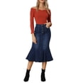 thumbnail image 2 of Unique Bargains Jupe Midi en Denim Délavée à Queue de Poisson pour Femme, Bleu Foncé, TP, 2 of 6