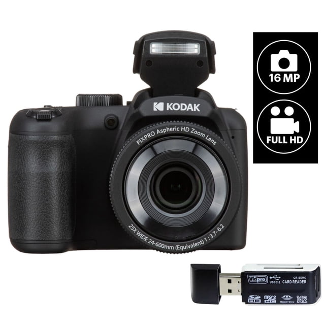Kodak PIXPRO AZ255 Digital Camera (BLACK) 16MP 25X Optical Zoom 24mm Wide Angle Lens Vlogging Camera Plus a Free Vidpro USB 2.0 Card Reader