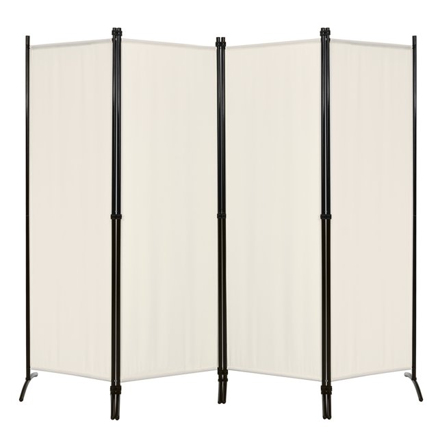 Patiojoy 5.6Ft Tall Folding Room Divider Freestanding 4-Panel Privacy Screen with iron frame in white. The divider features four flexible panels made of durable polyester fabric supported by a sturdy black iron frame with curved legs for stability. It measures 88 inches wide and 68 inches tall when fully expanded, providing ample privacy or space partitioning. The lightweight and foldable design allows for easy storage and portability. Suitable for use in living rooms, offices, bedrooms, or outdoor spaces. The waterproof surface ensures easy cleaning.