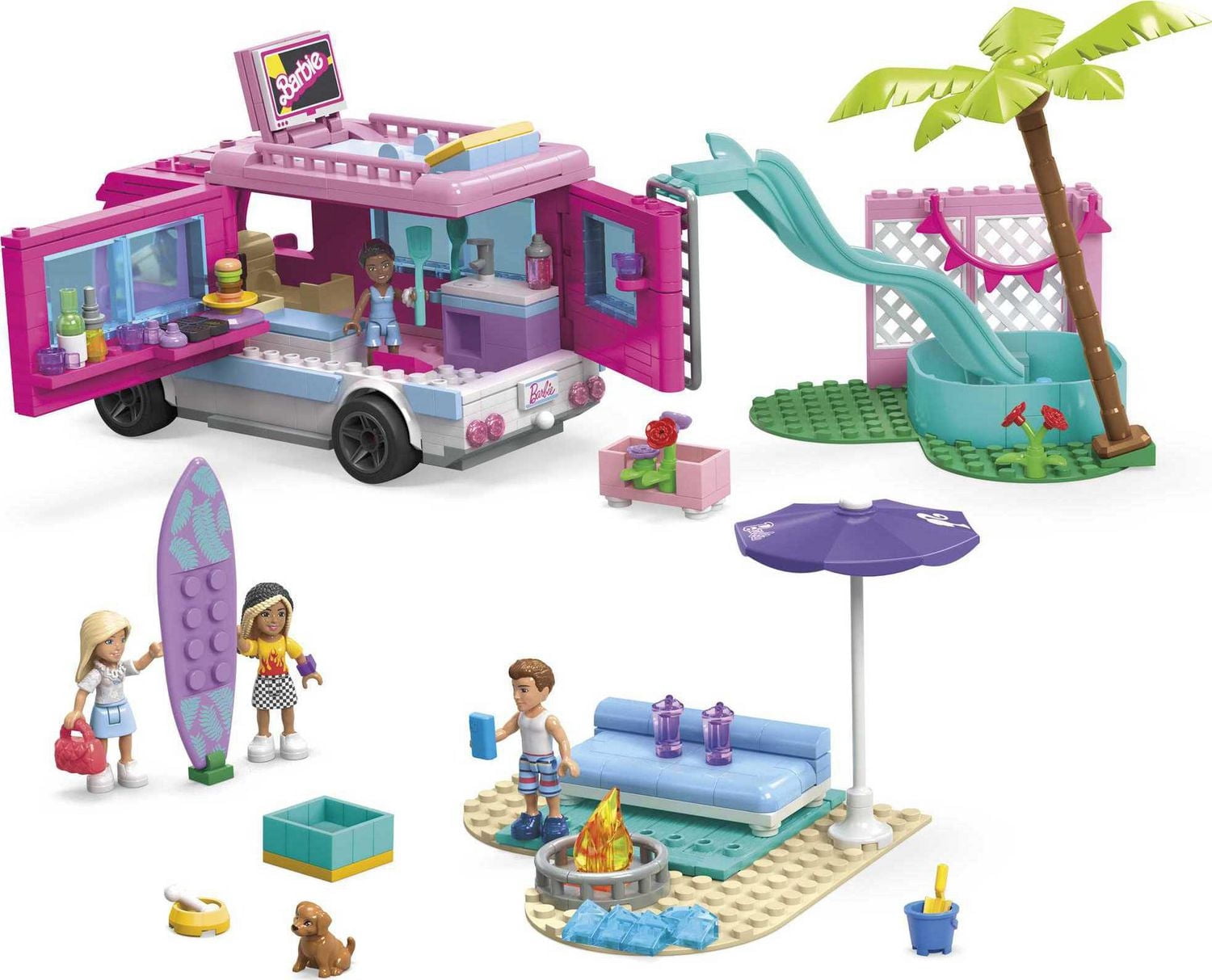 MEGA Barbie Dream Camper Adventure Building Kit Playset with 4 Micro-Dolls (580 Pieces)