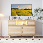 Rattan Dresser for Bedroom with 6 Drawers, Natural Wood Durable Dressers & Chests of Drawers with LED Light and Charging Station, TV Stand, Nursery, Entryway, Hallway, Natural