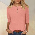 thumbnail image 2 of Yuyuzo Womens 3/4 Sleeve Tops Basic Button Crew Neck Solid Color Loose Fitted Tunics Tee Blouses, 2 of 5