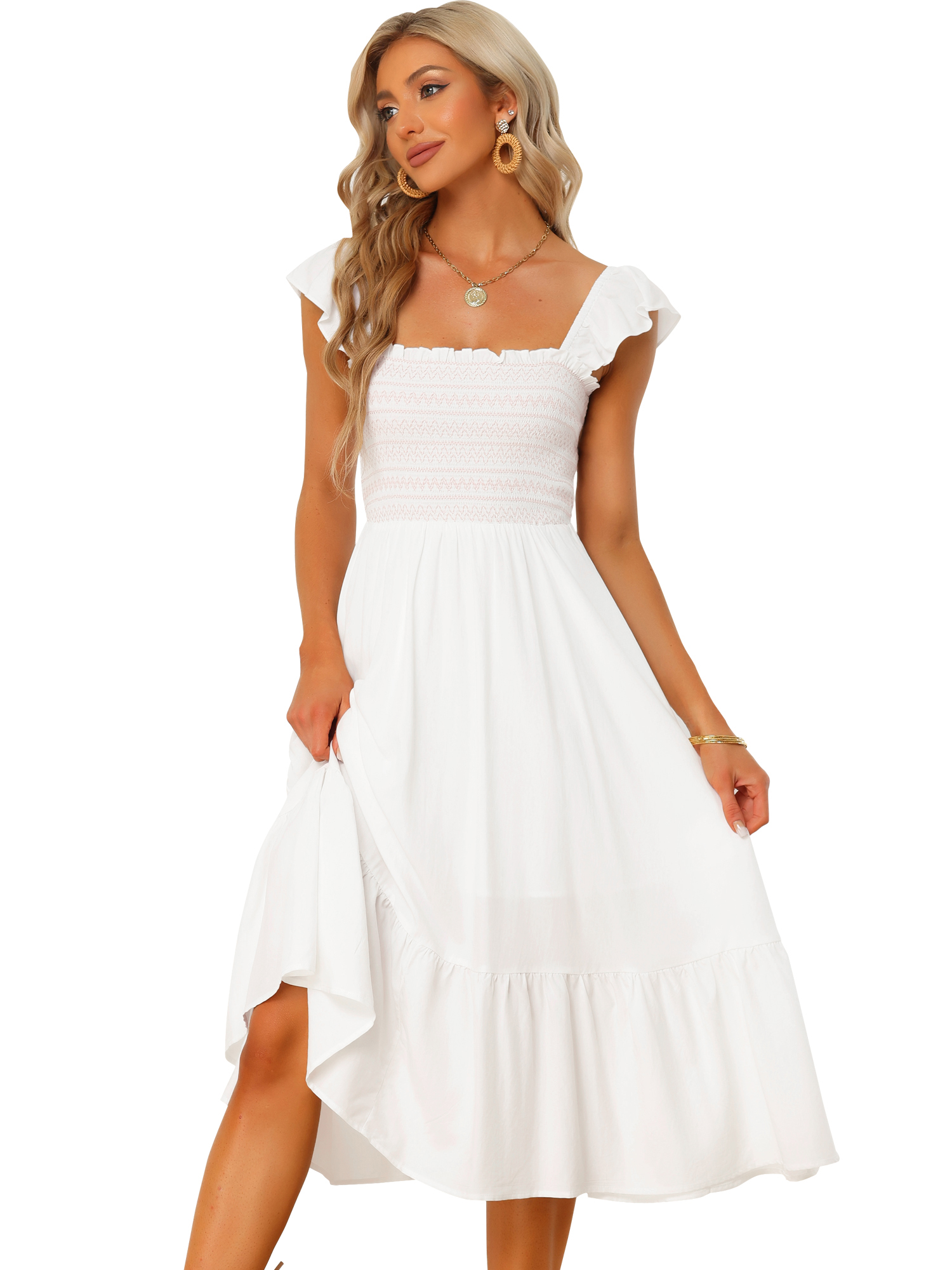 INSPIRE CHIC Robe d'Été pour Femme à Encolure Carrée, à Volants, à Étages, Bohème, Longueur Midi, P Blanc