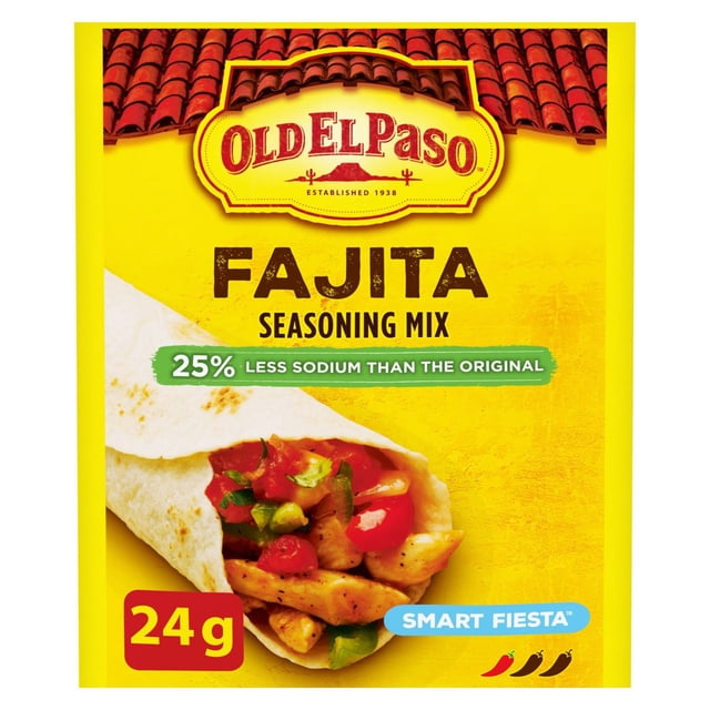 Old El Paso Smart Fiesta Fajita Seasoning Mix packet with yellow background and red tile roof design, showing a tortilla wrap filled with seasoned chicken, red and green peppers, and tomatoes, featuring 25% less sodium than the original and 24g net weight, ideal for seasoning Mexican dishes and snacks.