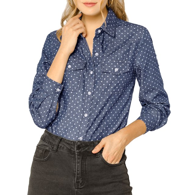 INSPIRE CHIC Women's Point Collar Button Down Polka Dots Shirt Dark Blue S