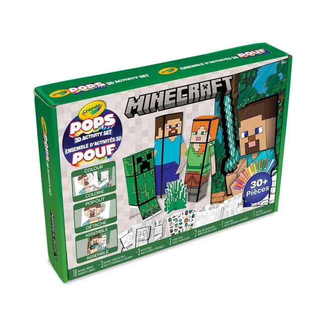 Crayola POPS Ensemble d'Activités 3D Minecraft dans une Boîte Verte Mettant en Vedette des Personnages Minecraft Pixélisés Steve, Alex et Creeper, Comprend 18 Marqueurs Lavables, des pages de Personnages à Construire, des pages pop-out, des Feuilles d'Autocollants, des Arrière-Plans Recto Verso et des instructions pour le Coloriage et l'Assemblage 3D, Idéal pour les Trousses d'Artisanat pour Enfants et pour Encourager le Jeu Sans Écran pour 5 Ans et Plus.