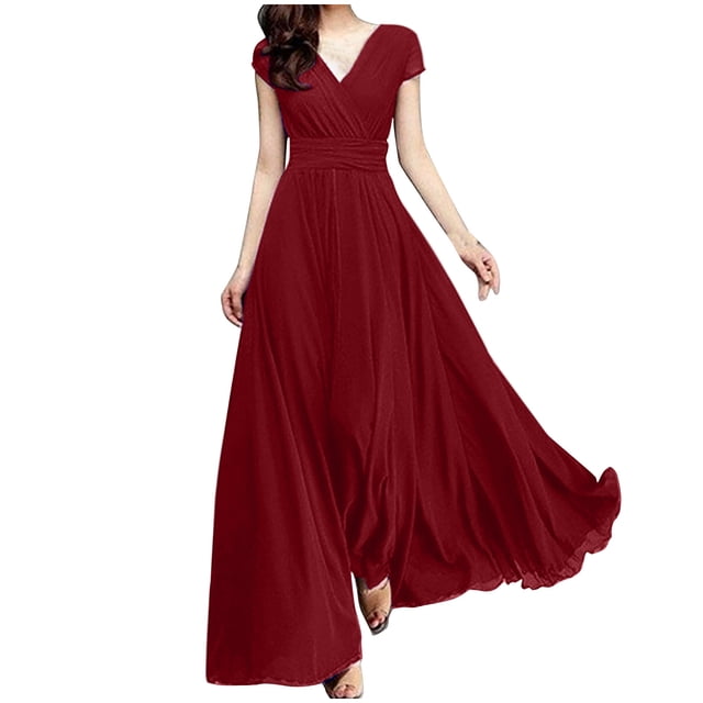 Ersazi Robe Dos Nu pour Femme à Col en V Couleur Manches Courtes en Chiffon Fermeture à la Taille Robe de Soirée en Liquidation Rouge 4TG