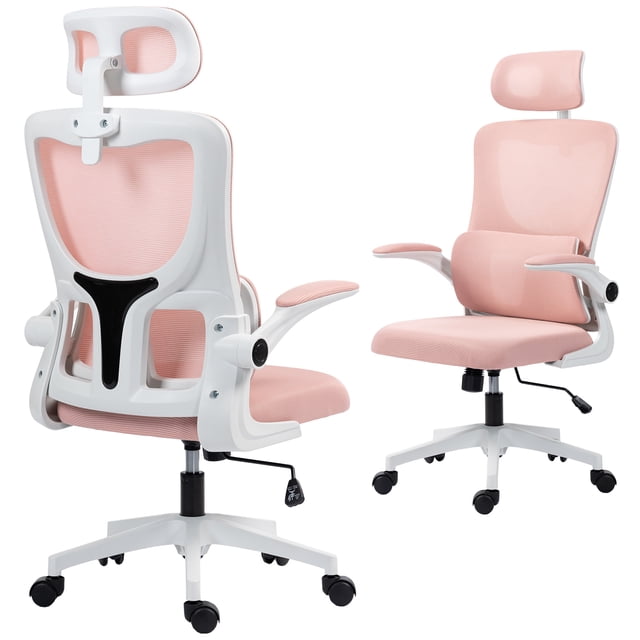 Vinsetto Chaise de Bureau en Maille avec Appuie-Tête Réglable, Soutien Lombaire, Rose. Chaise de Bureau Ergonomique avec Tissu en Maille Rose Respirant, Hauteur de Siège Réglable, Appuie-Tête Amovible et Rotatif, Soutien Lombaire et Fonction d'Inclinaison. Comprend des Roues Pivotantes pour la Mobilité et un Cadre Blanc Robuste. Idéale pour le Bureau Ou les Études.