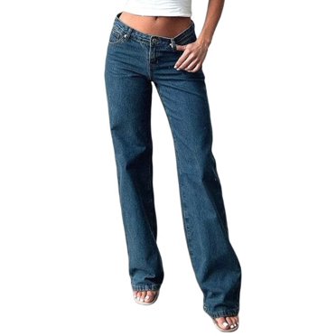 Women Wide Leg Jeans Low Rise Baggy Straight Leg Boyfriend Denim Pants Casual Loose Jeans Y2K Girl Style Dark Blue M