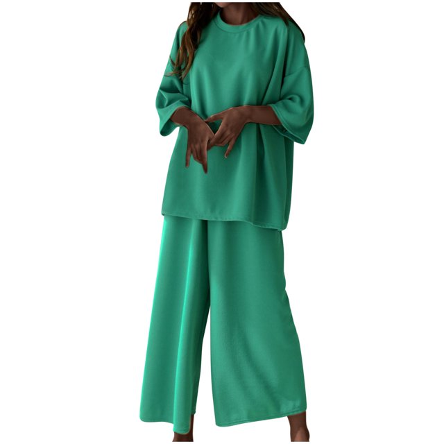 Mikilon Ensemble Élégant pour Femmes 2 Pcs Manches Courtes Couleur Unie Col Rond (Haut + Pantalon) Mode Manches Courtes Ensemble Chemise Col Rond Gris TG