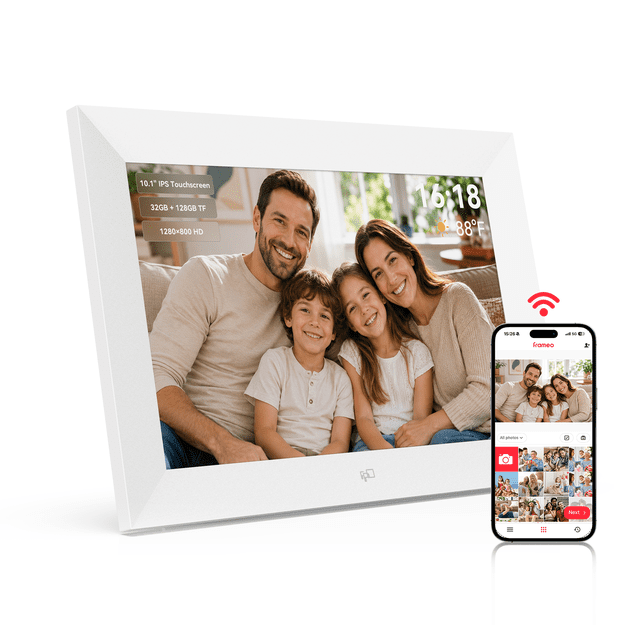 FPD 10.1 inch WiFi Digital Photo Frame with Frameo App, 1280 x 800 IPS Touch Screen, 32GB Storage, 128GB microSD/TF Card Expansion, Auto-Rotate, Wall Mountable-White