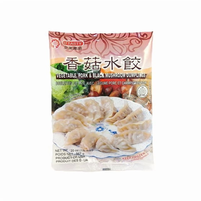 O' Tasty Dumplings - Vegetable, Pork & Black Mushroom frozen dumplings arranged on a white plate with blue floral design, packaged in clear plastic with images of mushrooms and vegetables, net weight 20 oz (567 g), USDA certified, suitable for pan-fry, boiling, steaming, or deep fry, often used as appetizer or side dish.