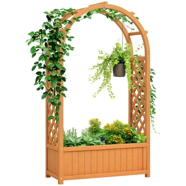 Outsunny Wooden Raised Garden Bed with Arch Trellis, Raised Planter Box