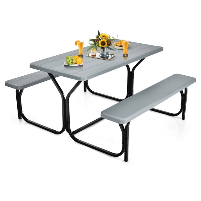 Gymax Picnic Table Set, 54'' x 59'' x 28.5'', with 1 Picnic Table and Bench, Grey (1 Count)