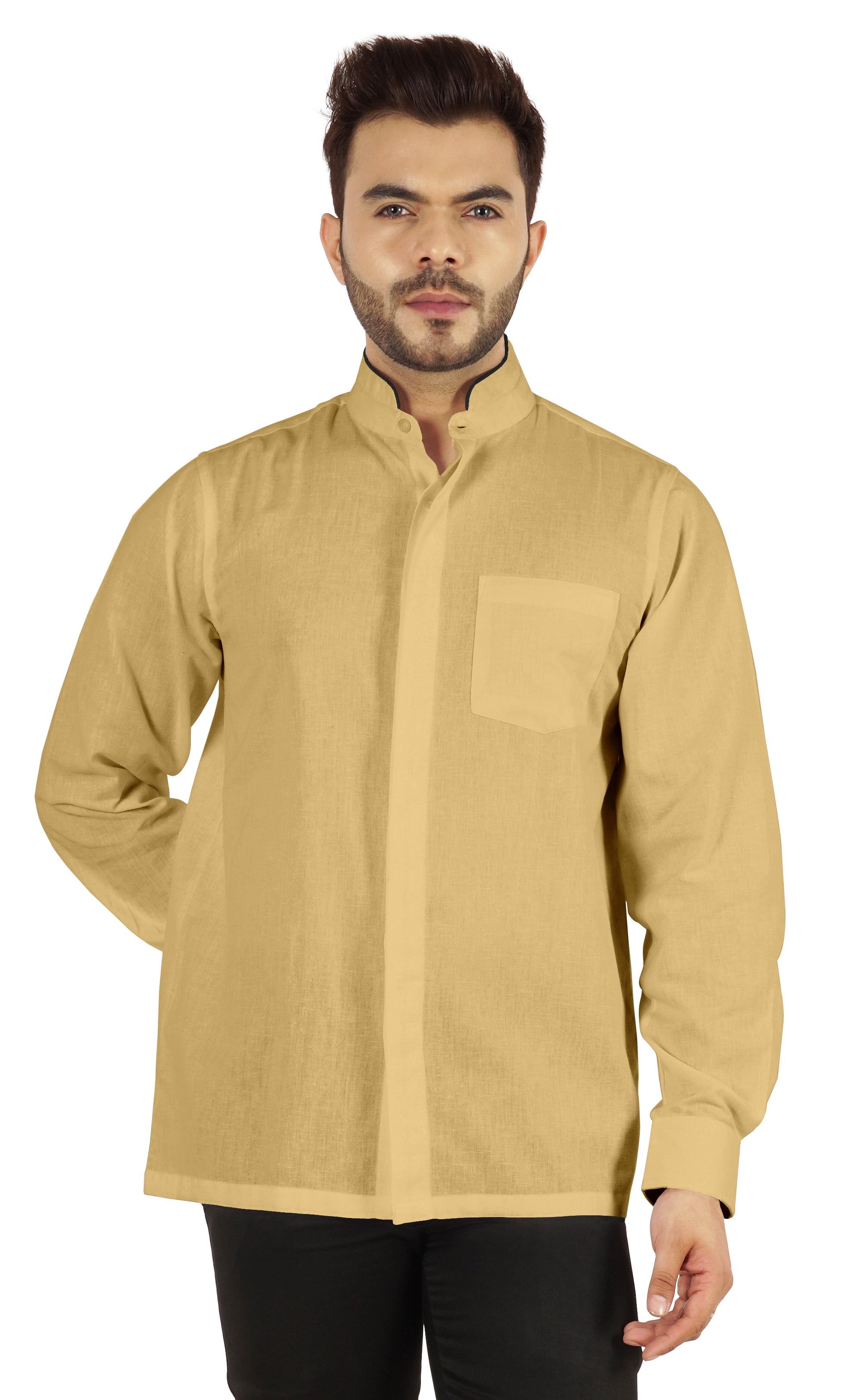 Bestman Solid Long Sleeve Shirt For Mens Front Double Button Placket Chinese Collar Shirt