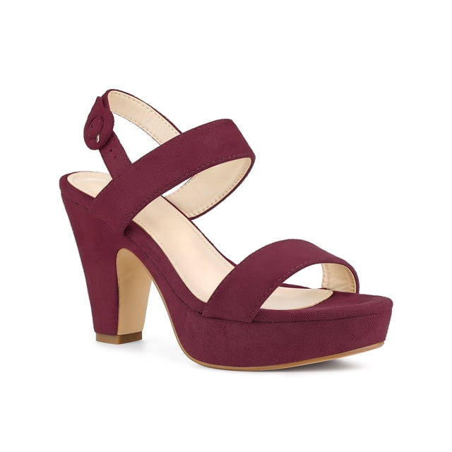 BLISSFUL STEP Women Platform Slingback Block Heeled Sandals Burgundy 10