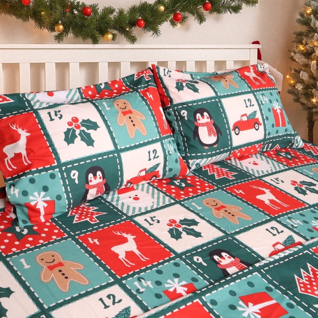 Gogreen 4PC Queen Christmas Sheet Set Deep Pocket Fit 16", Breathable Microfiber Soft Queen Sheet Set Warm Sheets, Luxury Hotel Style Christmas Decor Queen Bed Sheet Set, Christmas Gift
