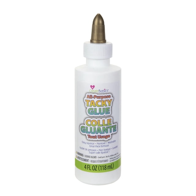 Create Basics 4 Oz. All Purpose Tacky Glue in a white plastic squeeze bottle with a gold pointed cap, labeled in English and French, featuring a thick, non-toxic, washable adhesive formula ideal for crafts, hobbies, DIY projects, and classroom use.