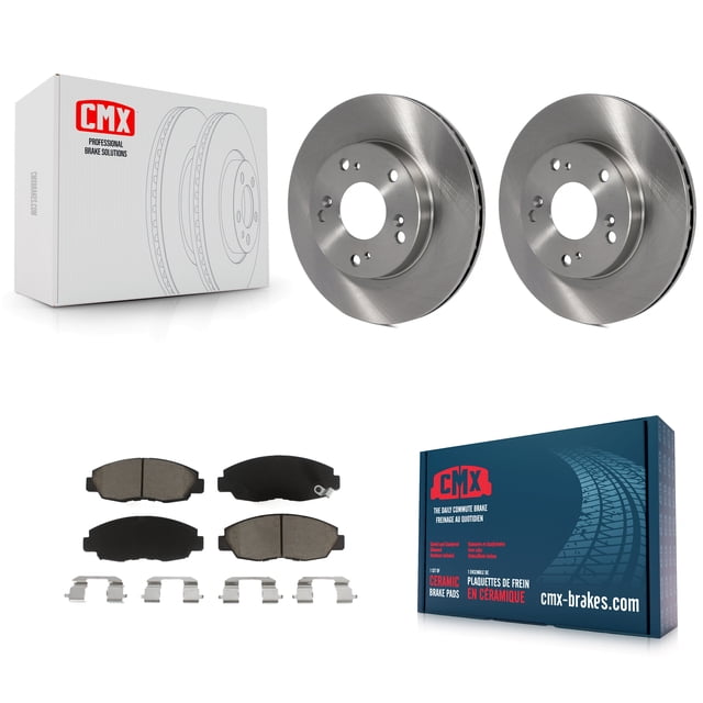 CMX Front Disc Brake Rotors and Ceramic Pads Kit for Honda Civic, including two front disc brake rotors and a ceramic brake pad set with hardware. Compatible with 2006-2011 Honda Civic models, this automotive replacement part features CeramiX™ high-density ceramic compound for stable friction, low dust, and noise reduction. The rotors are made with carbon-enhanced XCast™ iron castings for durability and wear resistance. Rubberized multi-layer stainless steel shims ensure quiet operation, making it ideal for brake component upgrades.