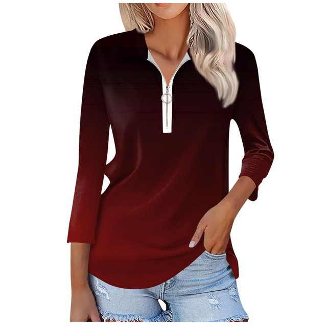 T-shirts pour Femmes Mode Féminine T-Shirt Imprimé Manches 3/4 Blouse Col Rabattu Décontracté