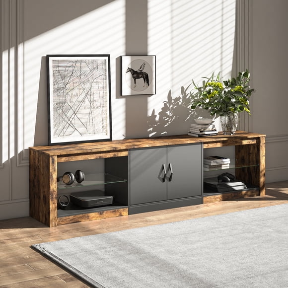 Bestier Meuble Télé avec Éclairage DEL pour Téléviseurs jusqu'à 75 Pouces, Centre Multimédia pour Salon, Style Rustique
