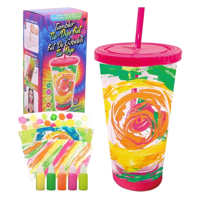 DIY TIE DYE TUMBLER kit showing a clear plastic tumbler with a pink lid and straw, decorated with colorful orange, yellow, green, and pink tie-dye swirls. The kit includes five paint bottles and three PET sheets for creating custom designs, displayed alongside the vibrant product box. Suitable for personalizing cold drink tumblers with creative patterns.