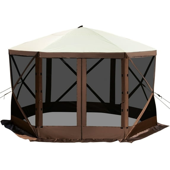 KFFKFF Enclosed Pavilion, 12 x 12 ft hexagonal instant outdoor canopy with netted windows, crafted from durable 300D oxford fabric and B3 gauze netting for bite-proof and UV protection. Features six wind cloths, two with windows, and a sturdy steel frame for stability. Includes soil anchors and a compact transport sack for portability. Suitable as a soft top gazebo for camping, garden, patio, and outdoor shade.