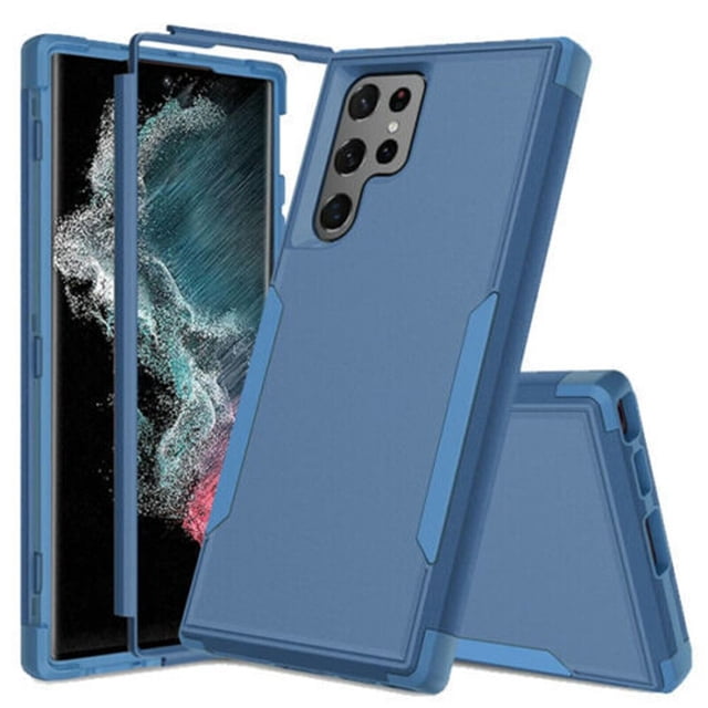 Supershield Case for Samsung Galaxy S22 Ultra 5G in blue, a dual-layer protective cover offering military-grade drop protection. Features include a built-in screen protector, shockproof armor, dustproof plug, and precise cutouts for camera, speakers, and charging port.
