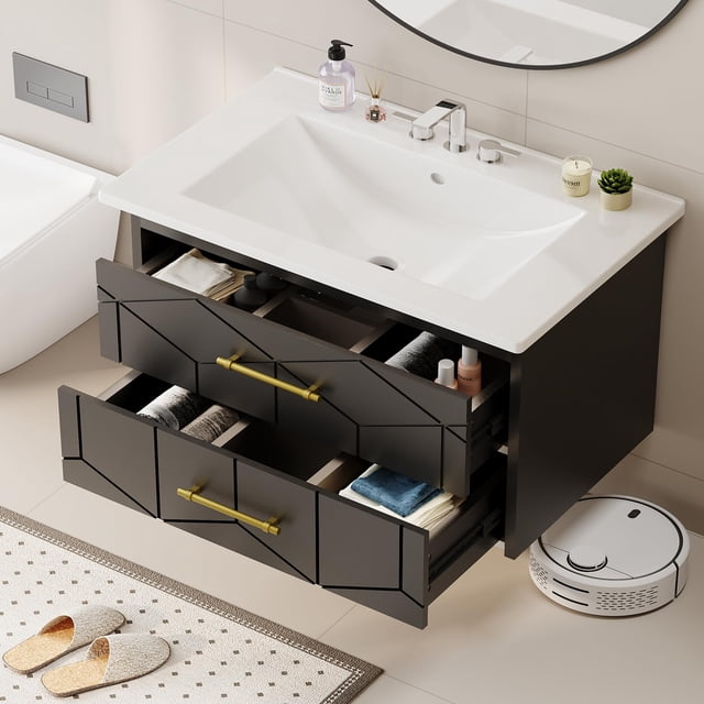 30 inch Bathroom Vanity with Sink Combo, Floating Bathroom Vanity with Ceramic Basin, 2 Large Drawers with Gold Handle, Soft-Close Design, Easy Assembly, Black