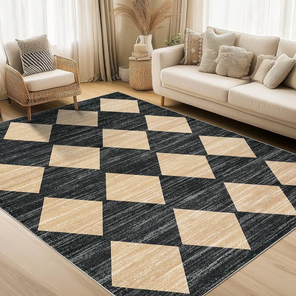 9x12 Area Rug Washable Black Rugs for Living Room Dining Room Office Non Slip Neutral Area Rug Distressed Checkered Carpet Stain Resistant Farmhouse Floor Cover Black and Brown