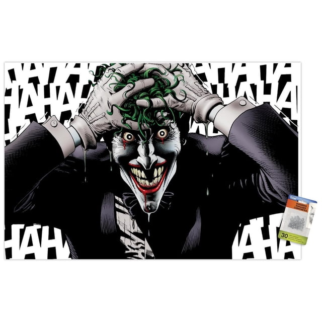 DC Comics - The Joker - Crazy Wall Poster, 22.375" x 34" features a front-facing comic illustration of the Joker with green hair, white face paint, red lips, and a wide grin, wearing a dark purple suit and white gloves holding his head. The background shows repeated black and white 'HA HA' text. This satin-finish framed wall poster suits bedrooms, offices, dorms, and party décor.