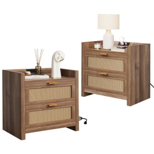 2 Piece Night Stand , Rattan Nightstands with Type-C Charging Station, Drawers - Boho Wood Bed Side End Table for Small Space