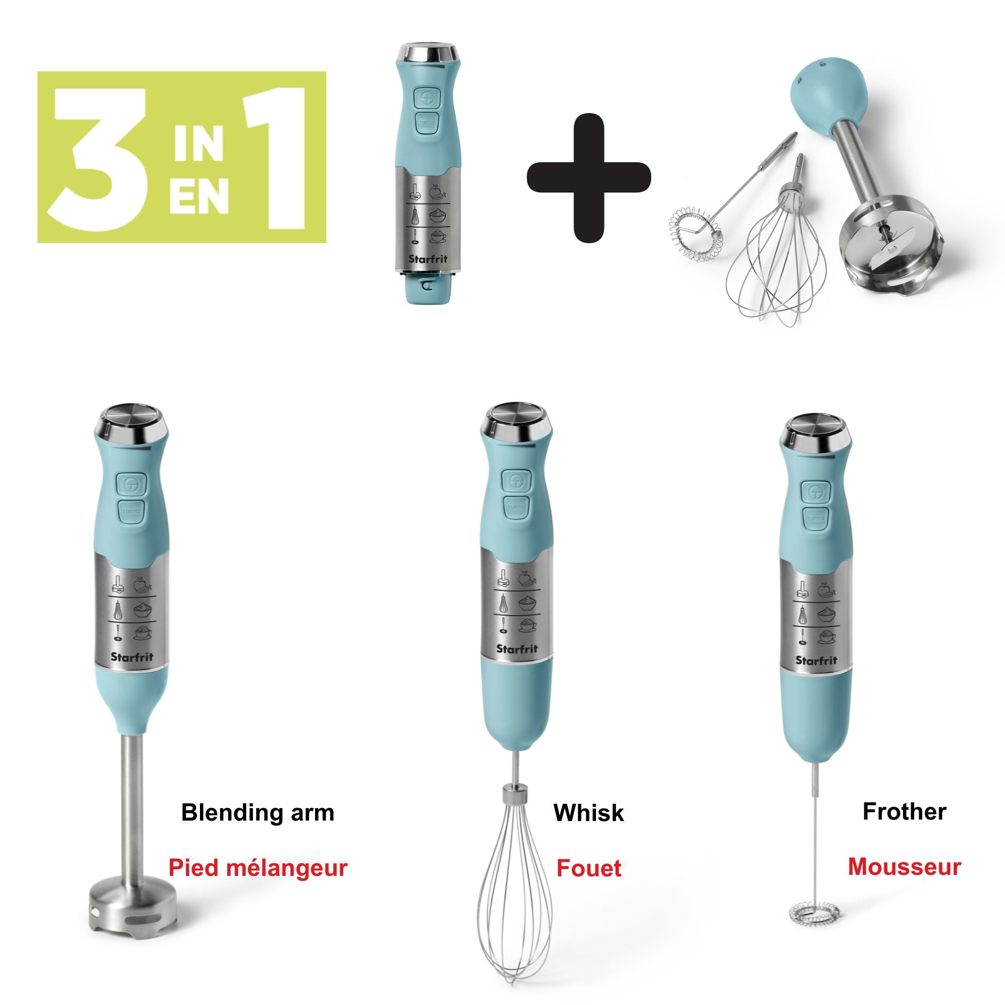 Starfrit Mélangeur à Main 3-En-1, 150W, Avec Fouet Et Mousseur, En Acier Inoxydable Amovible, Vitesse Turbo, Bleu