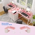 thumbnail image 3 of Ourlova Reversible L Shaped Desk with Power Outlet, 3 Drawers, LED Lights, Monitor Stand, Office/Gaming, Pink, 3 of 7