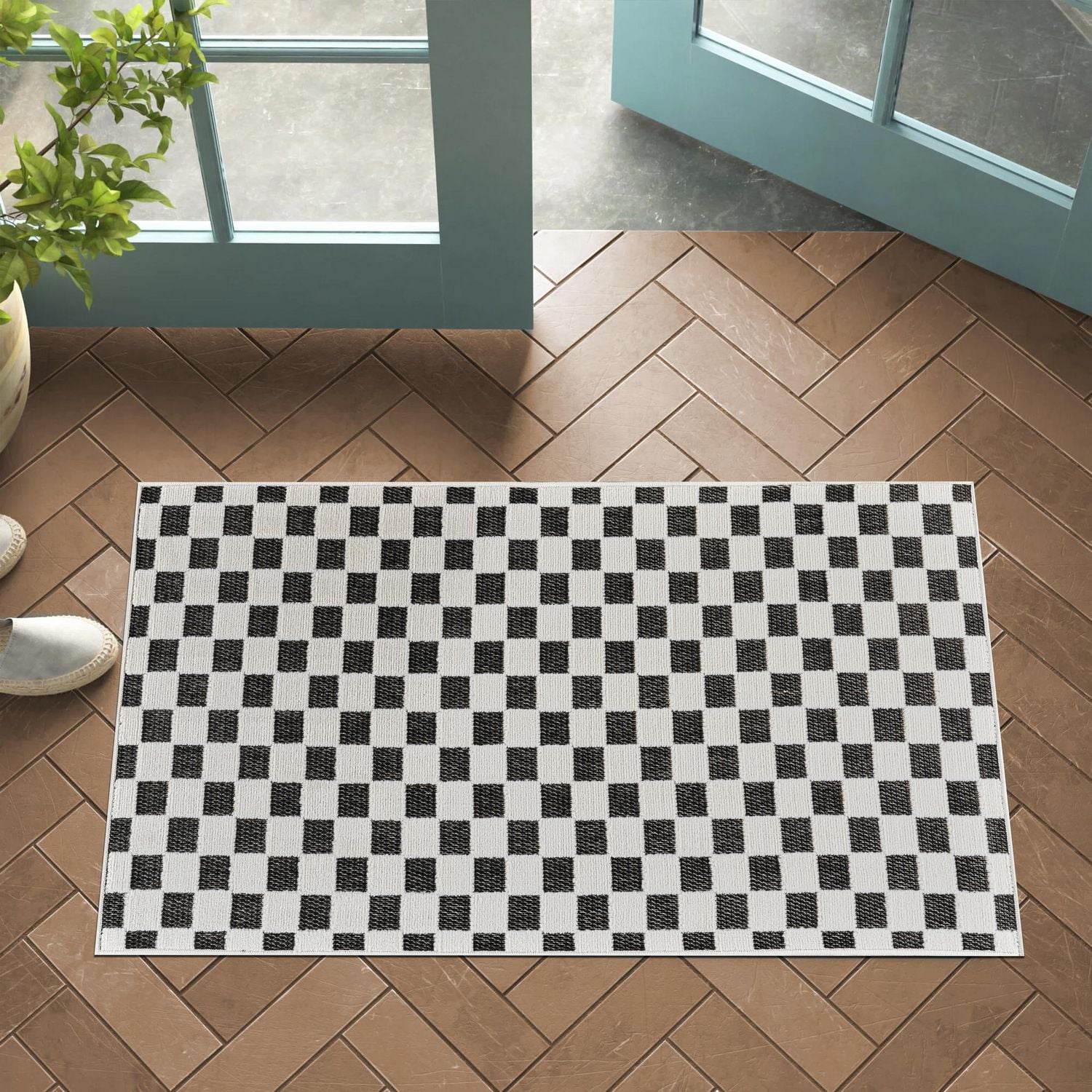 Rug Branch Maise Checkered Indoor Outdoor Area Rug, Black White, Modern - Entryway, Hallway, Bathroom, and Kitchen