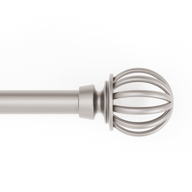 Mainstays 1/2" Nickel Macey Cage Adjustable Curtain Rod Set, 48"-84" showing a close-up side view of the nickel-finished steel rod with an open cage-style finial, smooth cylindrical rod, and decorative spherical cage end, ideal for window curtain hardware and treatments.