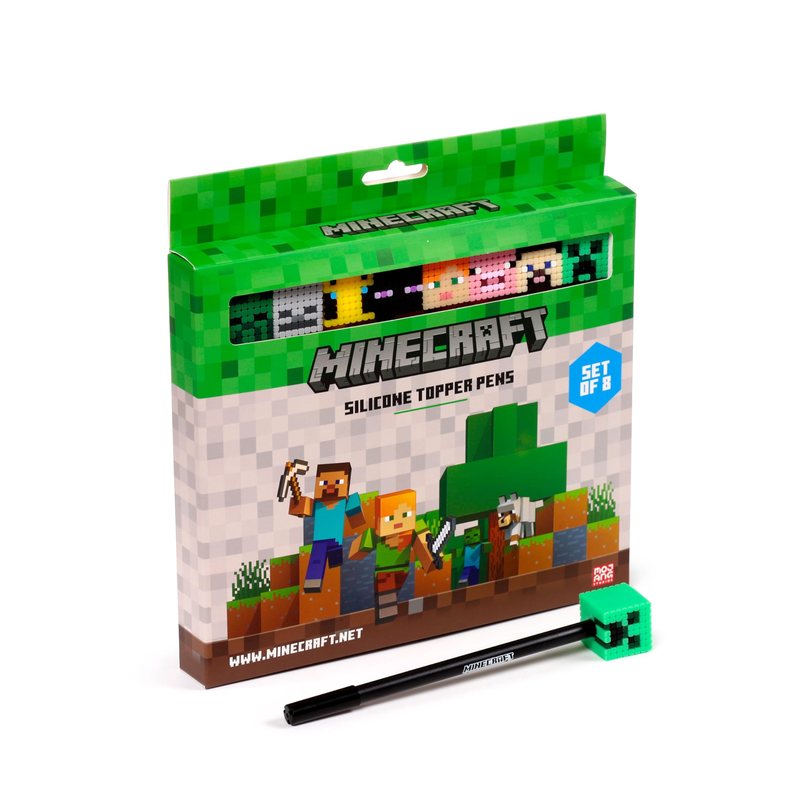 Puckator Minecraft Fine Tip Pen with Silicone Topper 8 Piece Set - Pen Stationary Set - Cool Fancy Pack of Pens Black For Office Writing College - Uni Essentials - Back t