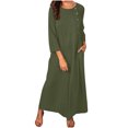 thumbnail image 2 of Meichang Robes Maxi d'Été pour Femmes Amples Décontractées en Coton et Lin Manches Courtes Col Ras du Cou Boutons Longues Robes Unies Évasées avec Poches Vert Armée P, 2 of 7