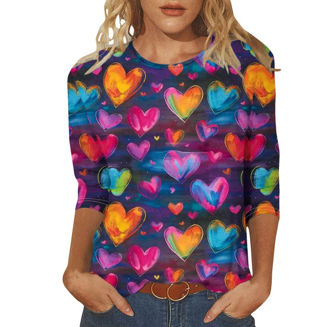 Penkiiy Chemises de la Saint-Valentin pour Femmes, Graphique Cœur, Col Rond, Hauts Décontractés, Blouses Amples à Manches 3/4, Grande Taille, Tunique 2025 TG Multicolore