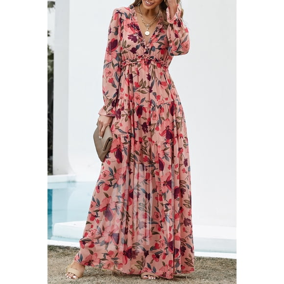 FOLUNSI Robe Maxi Élégante à Motif de Lotus Floral - Style Unique à Étages