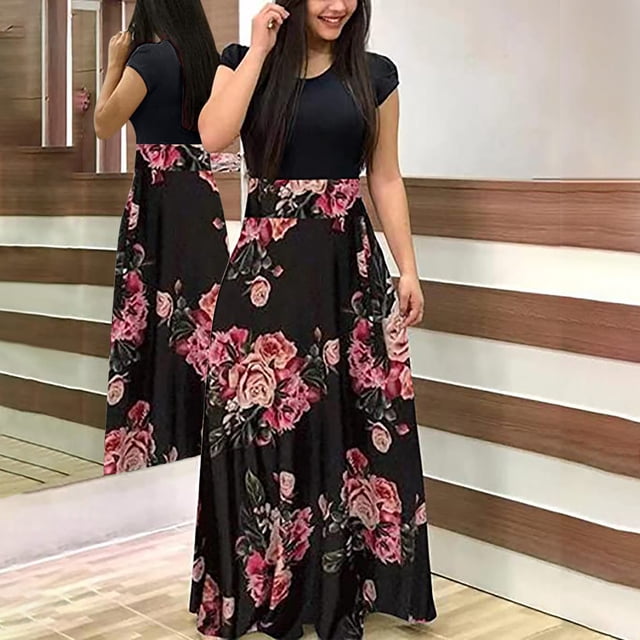 Weiqiqre Robes de Travail pour Femmes, Robes Longues à Imprimé Floral Coloré Teinture sur Nœuds pour Femmes, Robe Maxi Décontractée de Plage