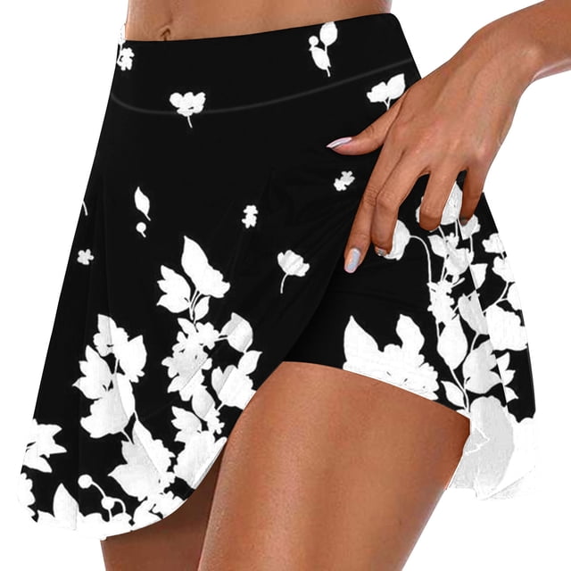 EQWLJWE Women's High Waisted Flowy Ruffle Skort, Floral Pleated, Small
