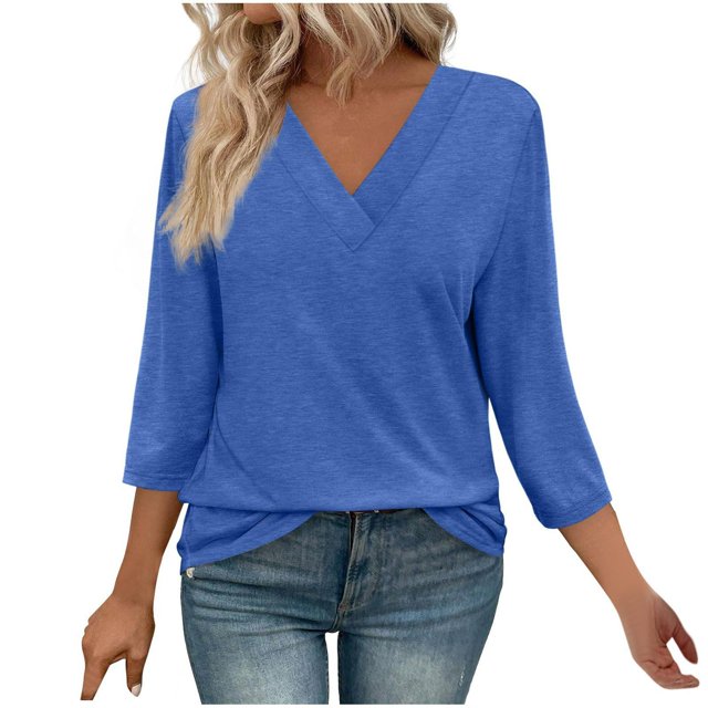 Plebaso Chemises à Manches 3/4 pour Femmes, Col en V, Tuniques Décontractées, Hauts Unis, Blouses Amples pour Dames