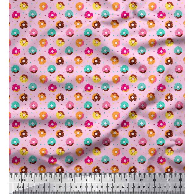 Soimoi Pink polyester Crepe Fabric Donuts Food Fabric Prints By Yard 52 Inch Wide