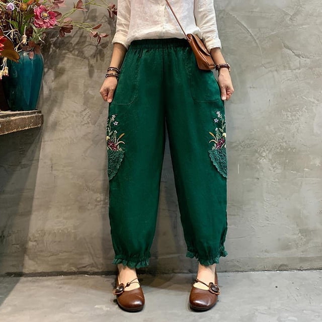 Simua Women's Harem Pants, Vintage Lace Embroidered Patchwork High Waist Ruffle Trousers with Pockets