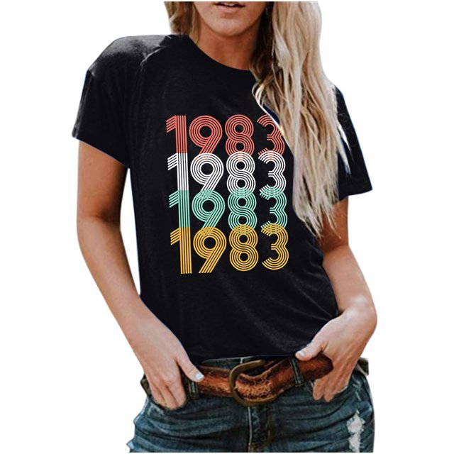 Chemises à Manches Courtes pour Femmes Mode Décontractée 1982 Imprimé Col Rond Ample T-Shirt à Manches Courtes Chandail Hauts Hauts à Manches Courtes pour Femmes Hauts à Manches Courtes pour Femmes