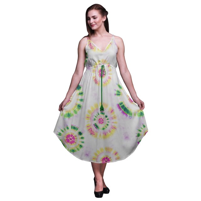 Bimba Robe Midi de Plage Imprimée Tie-Dye pour Femmes, à Bretelles, pour l'Été, Petite Taille