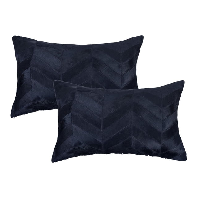 TORINO CHEVRON COWHIDE PILLOW 12"X20" 2-PACK with two black rectangular decorative pillows featuring a chevron pattern made from 100% natural Indian cowhide, hand-stitched with hidden zipper closure and ultra-soft microsuede backing, suitable for layering in home décor and often used as accent pillows for sofas or beds.