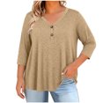 thumbnail image 3 of KyCheLot Women's V Neck Tops Fall Button Plus Size 3/4 Length Sleeve Solid Color Clothes Comfy Loose Hiking Tops, 3 of 6