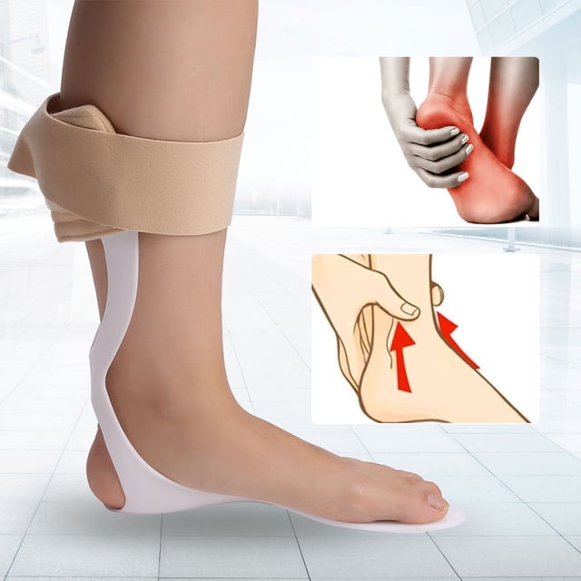 Greensen Adjustable Foot Drop Orthosis Ankle Corrector Brace Support Protection Correction Splint, shown in use on a person's foot and ankle. The brace features a lightweight composite material with a cutout heel for comfort and easy wear. Insets display illustrations of foot drop correction and support. Suitable for foot drop caused by muscle weakness, peroneal nerve palsy, or cerebrovascular accidents. Available in two sizes, S and M, with adjustable fit.